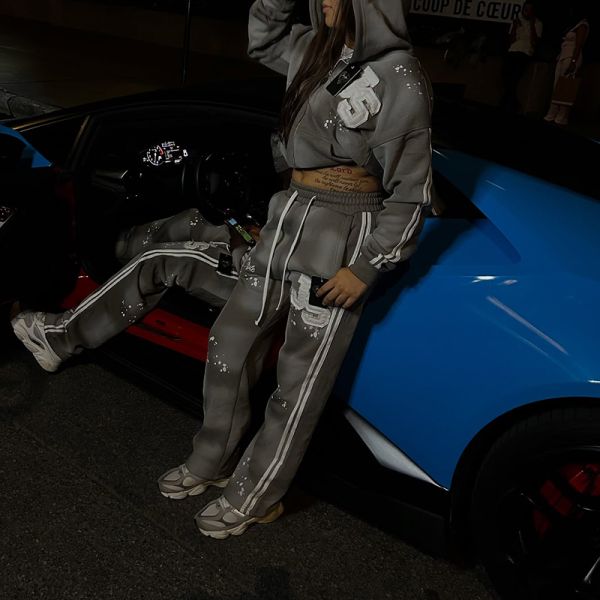 Custom logo Sweat Suit Unisex Applique Embroidery Acid Wash Hiphop Sweatsuit Zipper up Boxy Hoodie and Stripe Sweatpants Set