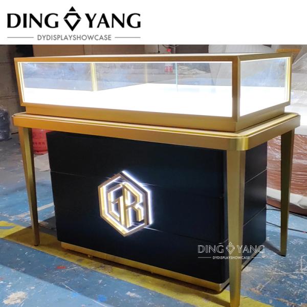 Custom Made Fashion Black Golden Jewelry Counter , Jewelry Counter Furniture With Low Power Consumption Lights Systems