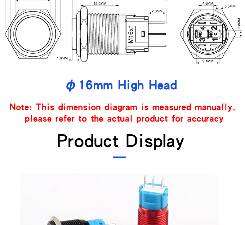 16mm Full-Oxygen Color Metal Push Button Switch 1NO1NC Self-Resetting and Self-Locking Red Green Yellow Blue Black 3-Pin