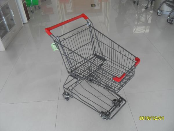 Supermarket 4 Wheel Shopping Cart With Base Grid 45L And Red Handle Bar