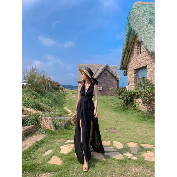 Backless Tie 136cm Black Chiffon Beach Dress V Neck Halter Strap Split