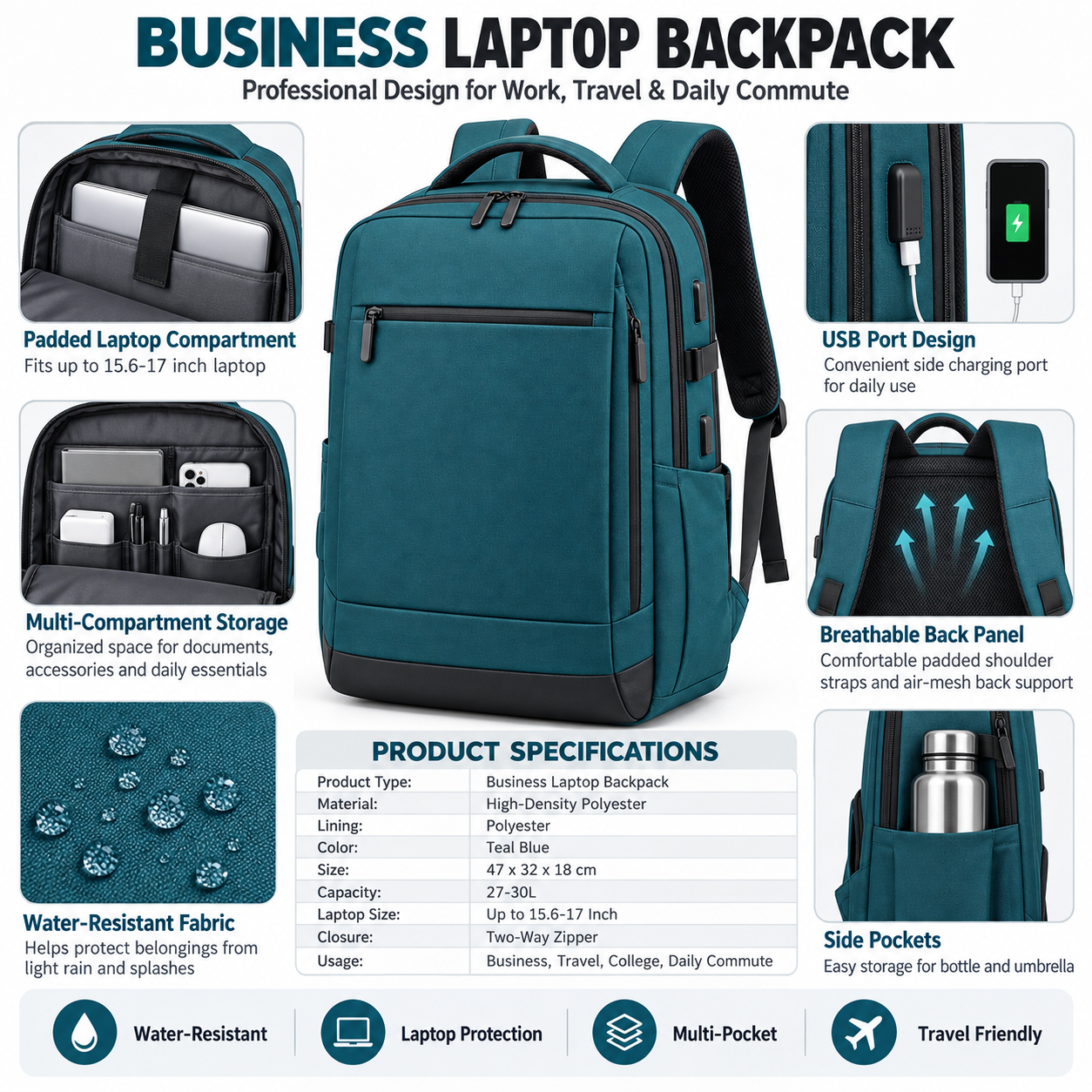 Custom OEM ODM usiness Laptop Backpack with USB Port, Water-Resistant Travel Computer Backpack for Work, College, Commuting & Carry-On