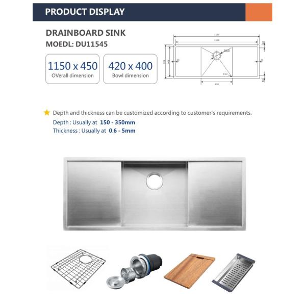 Single Bowl Drainboard Kitchen Sink 43 Inch Undermount 16 Gauge Brushed