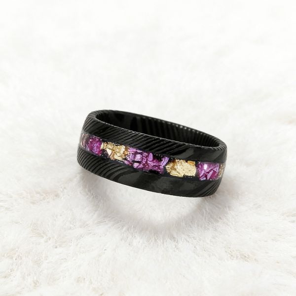8mm Black Damascus Steel Ring with Amethyst & Gold Leaf Inlay - Stylish Wedding Band for Men and Women