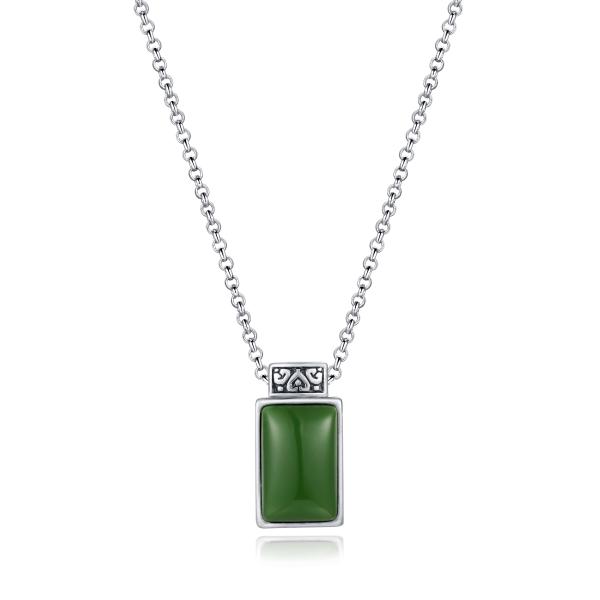 2.08g 925 Silver Gemstone Pendant Bead Chain 9x14mm Rectangle Green Jade Pendant