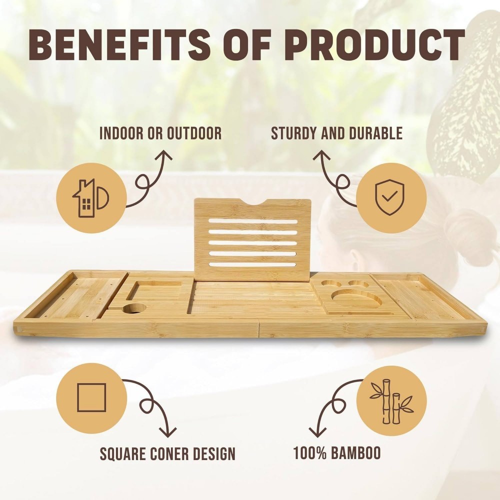 Expandable Bamboo Bathtub Caddy with Safe Holders and Durable Design