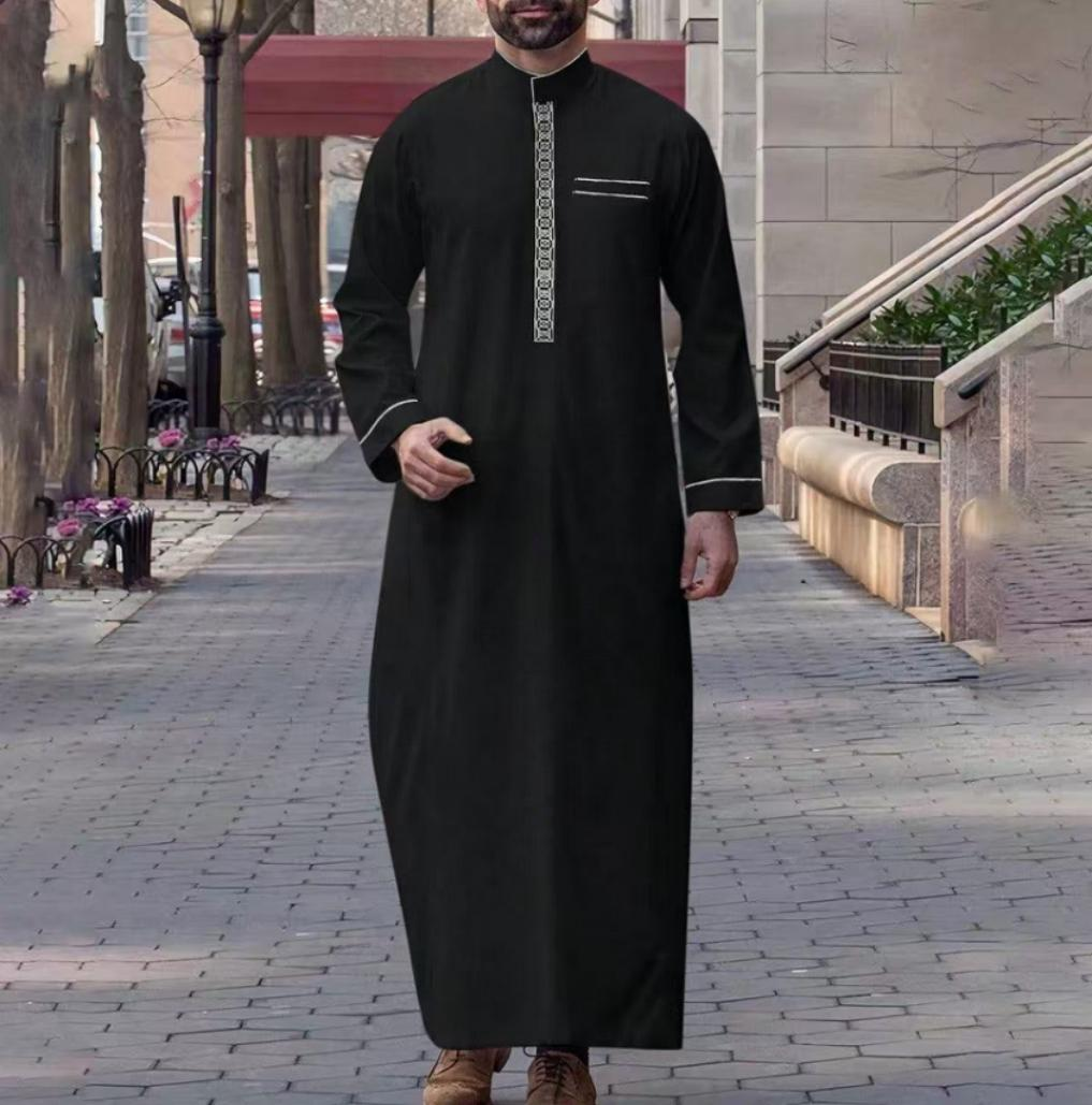 KM001 Middle Eastern Men's Embroidered Thobe / Jubba (Black With Gold Embroidery)