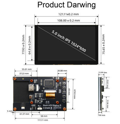 YBC050PKH-Q2 5 Inch 1024×600 HDMI LCD Display with 5-Point Capacitive Touch for Raspberry Pi