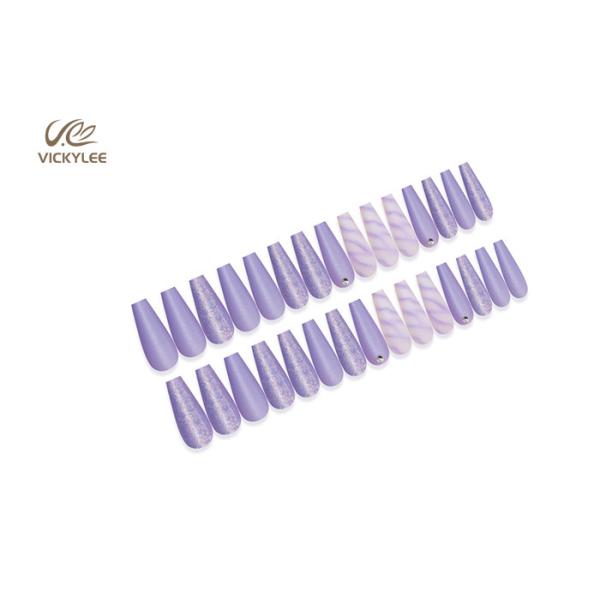 Long Coffin Ballerina OEM Purple DIY Fake Nails With Crystal Stone