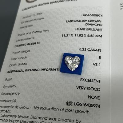 5.23ct Grown Brilliance Diamonds Heart Cut CVD E Color VS1 Clarity 2EX N IGI