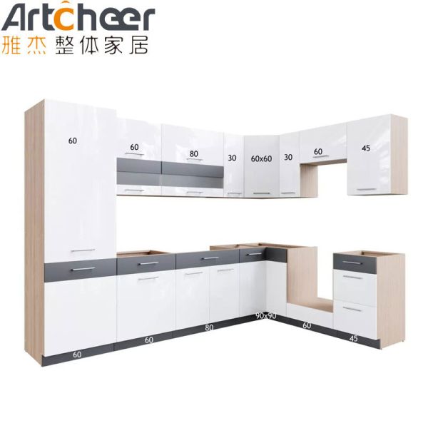 Modern L Shape Kitchen Cabinet with High Gloss Lacquer Finish Plywood Carcass and Steel Mounted Island