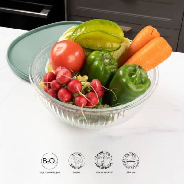 Stackable Nestable High Borosilicate Glass Mixing Bowl with PP Lock Lid for Food Prep and Storage