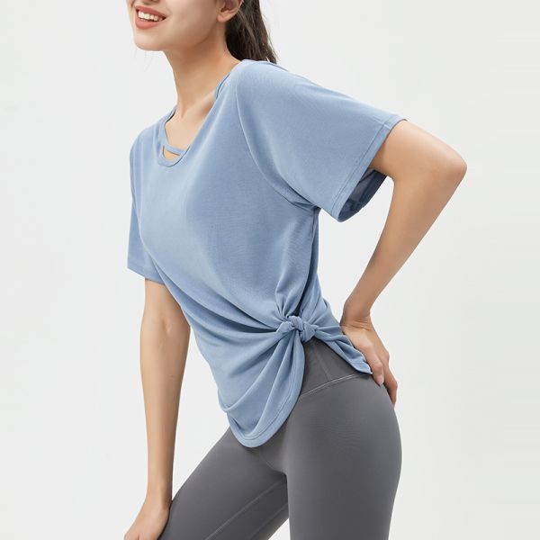 Women's Loose Fit Athletic Yoga Top Short Sleeve with Crisscross Neckline Side Knot