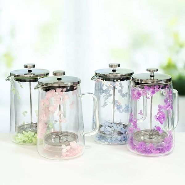Modern Flower Glass French Press Double Layer Heat Resistant Coffee Tea Brewer