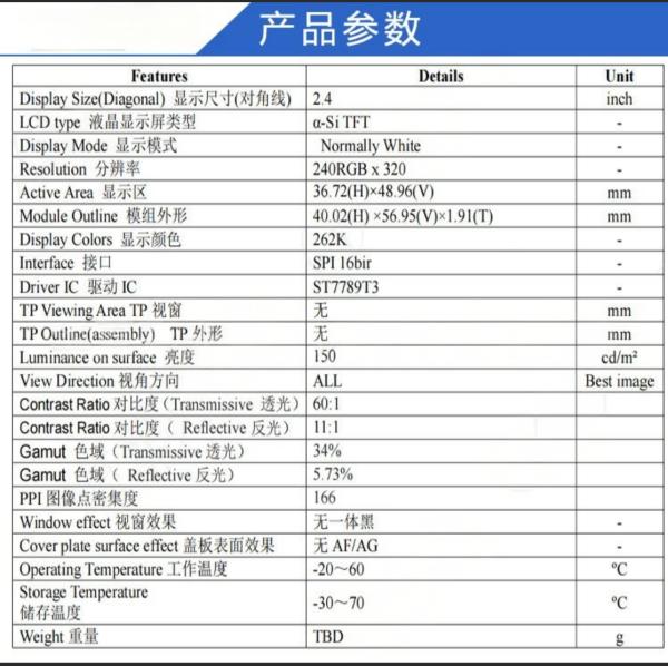 2.4 Transflective Bar TFT LCD Module,240X320 Resolution,SPI 16bir  Interface, Driving IC ST7701S,ALL o'clock ,G+FF,150nit