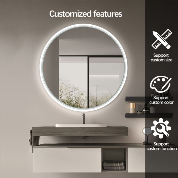 Acrylic Framed Black Round Bathroom Mirror Aluminum Backing Smart Bathroom Vanity Mirrors