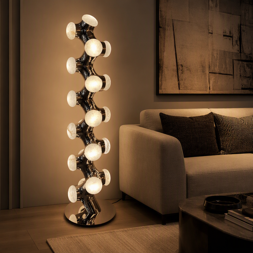 JYLIGHTING Modern Spiral Sculptural Steel Floor Lamp with Marble Shades, Multi‑Bulb Decorative Standing Lamp for High‑End Villa, Hotel Lounge and Showroom Interior
