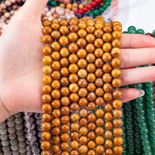 Yellow Wood-Grain Round Bead Natural Crystal Gemstone Wood Jasper Loose Bead Strands for DIY Jewelry Making