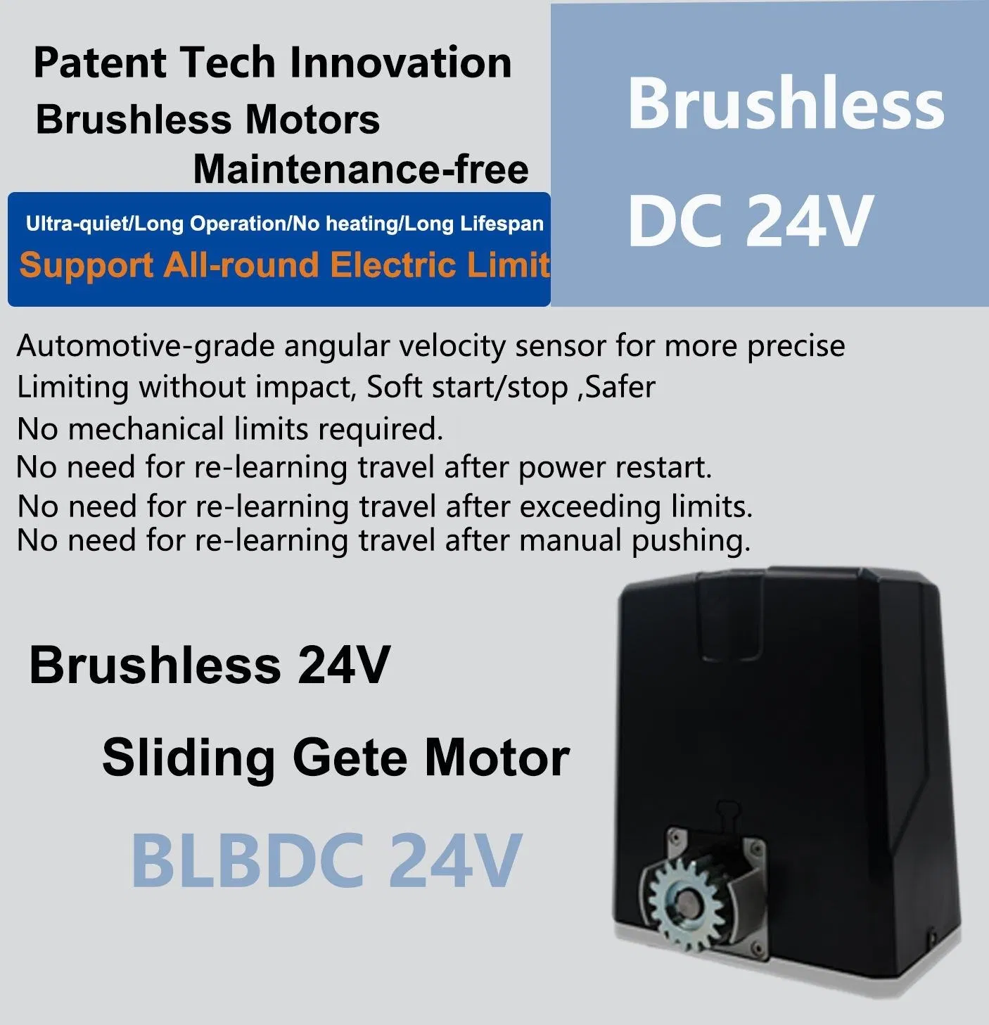 24V BLDC Brushless Automatic Gate Motor with Power Failure Memory and IP65 Waterproof for Sliding Gates