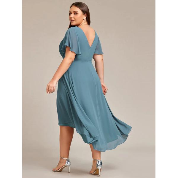 Chic V-neck High-low Short Flutter Sleeves A-line Ruffles Midi Invisible Zipper Purple Orchid Chiffon Cocktail Dress