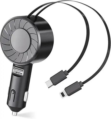 Carregador de carro retrátil, carregador de carro USB super rápido, cabos de carregamento duplos retráteis (31,5 polegadas) e carregador de carro USB