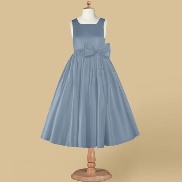 Wholesale Girl Kids Dress Blue Satin OEM ODM Baby Flower Girl Dresses Clothing Custom-made Size Knee-length Ruffles Ball