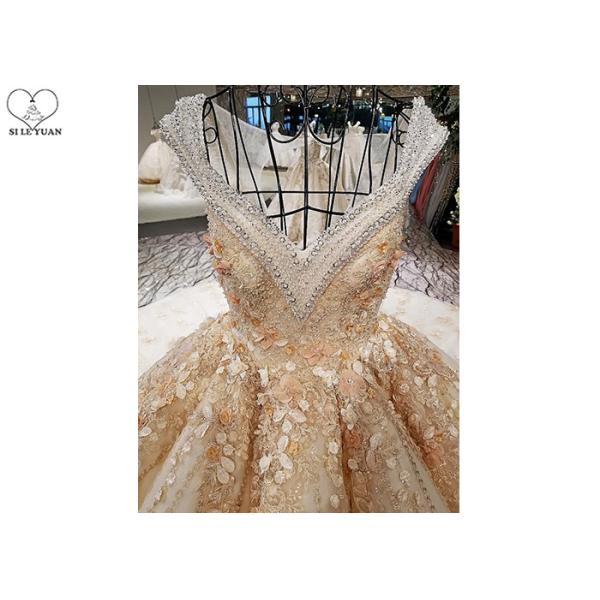 Luxury Golden Orange Ladies Bridal Gown Sleeveless Lace Beaded Princess Big Tail