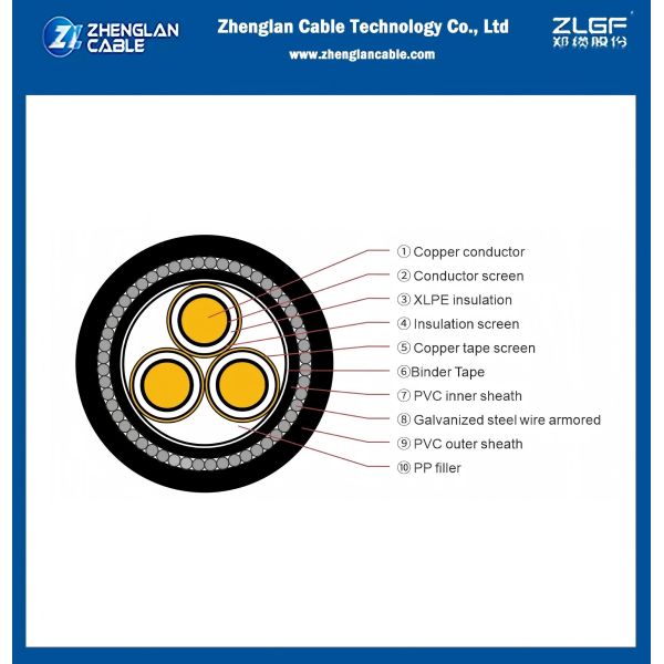 Medium Voltage Power cable 8.7/15kv Copper conductor xlpe insulation swa armored pvc sheath CU/SC/XLPE/SC/PVC/SWA/PVC 3x70mm2 IEC 60502-2