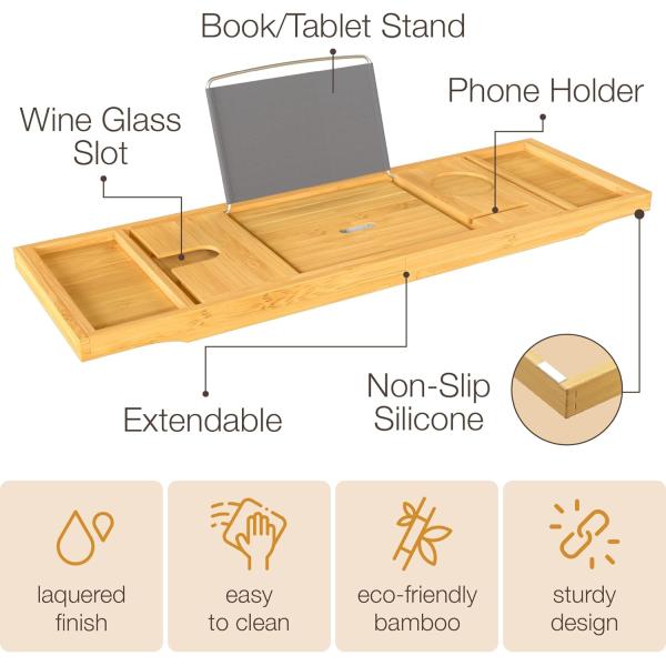 High Quality Bath Caddy Tray for Bathtub - Adjustable Bamboo Tray for Expandable Bathroom Accessories