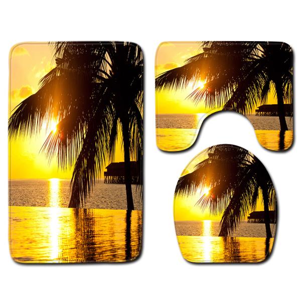 Washable 3 Piece Toilet Mat Set Sea And Sand Beach Scene Bath Mat