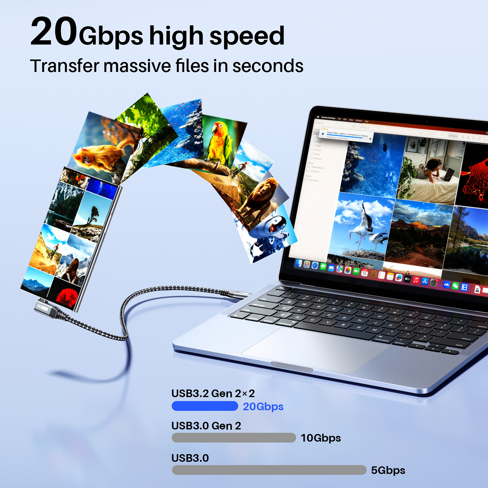High Speed USB C 20Gbps Cable 100W USB C Right Angle Cable Black 4K HDR Video Output