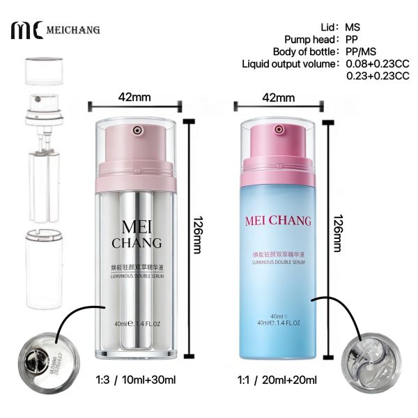 40ml Dual-Chamber Lotion Pump Bottle for 1:1 / 1:3 (20ml+20ml 10ml+30ml) Designed for High-End Serum Brands（MC-1601）