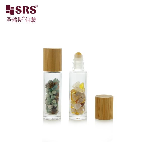 BLPM-15ML Clear Glass Roll on Bottle Bamboo Cap Natural Crystal Gravel Essential Oil Perfume Cosmetic Roller Container