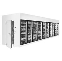 Caminhada do supermercado no refrigerador da exposição da sala de armazenamento com prateleira