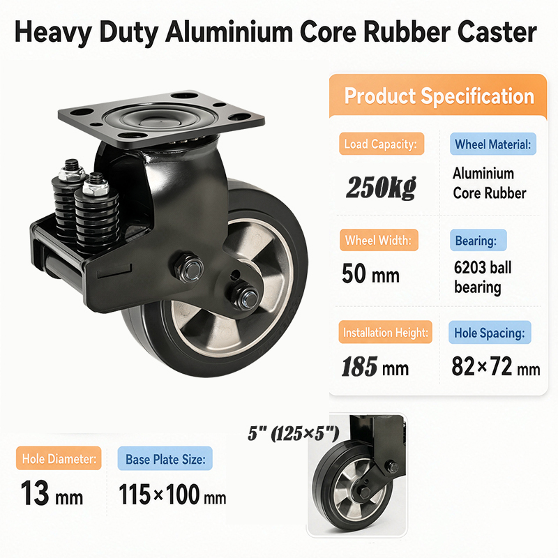 Heavy Duty Shock Absorption Aluminum Core Rubber Spring Caster  250 Kg  6203 Bearing  Hotel Housekeeping Carts