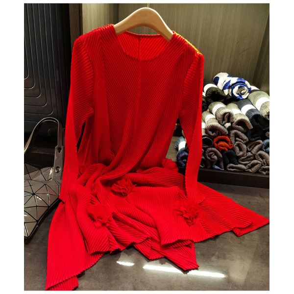 High-end 3d Flower Round Neck Long Sleeve Pleated Plus Size Women's Dresses