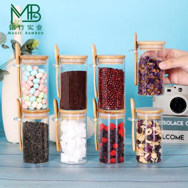 Wholesale 10 OZ Small Glass Jars set For Tea Coffee Beans Candy With Bamboo Lids And Spoons