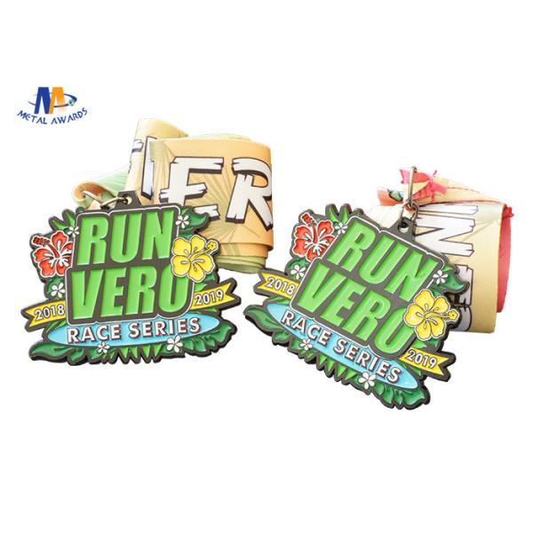 Die Cast Metal 5k Race Medals Black Nickle Plating Colors Filled With Sublimated Ribbon