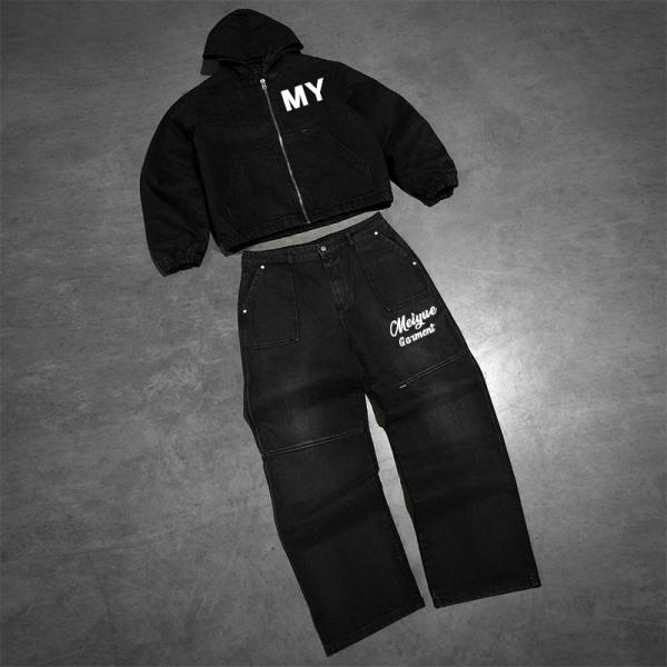 Custom Tracksuit Denim Zipper Hoodie Heavyweight Acid Wash Vintage Track Suits Jean Sweatpants and Jacket Set for Men