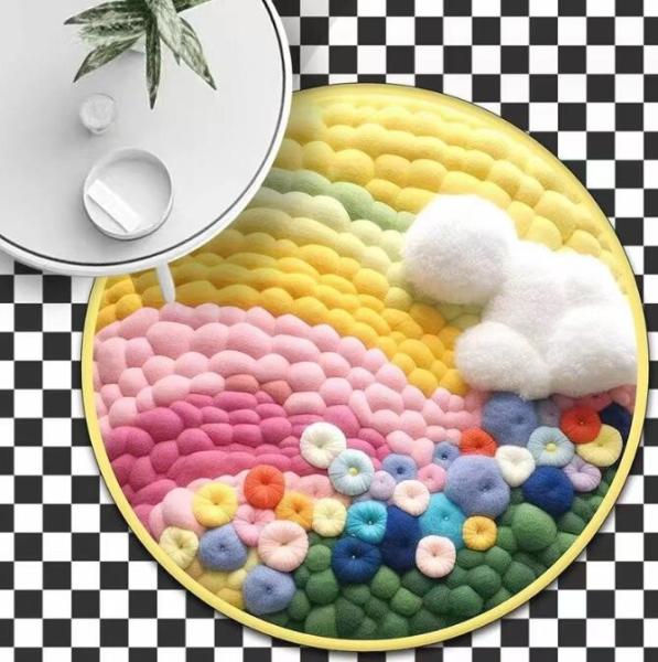 Arco-íris circular Tapete do quarto infantil Efeito 3D Cartoon Nuvem Decorado Tapete