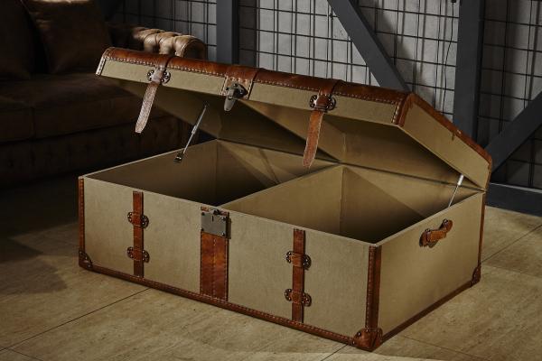 Retro Canvas Lifted Cover Leather Steamer Trunk Coffee Table Copper Nails Decoration
