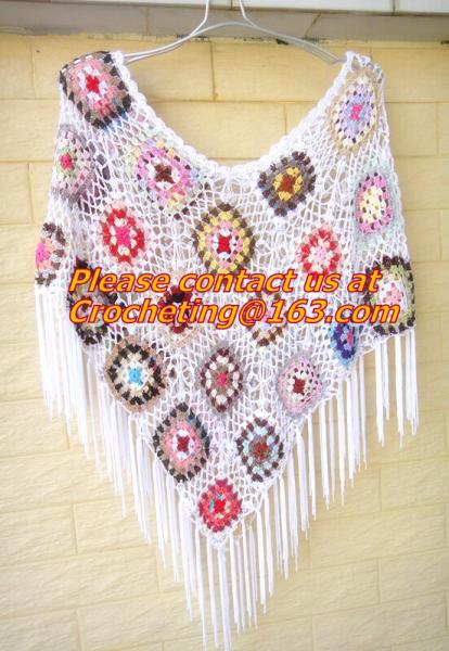 White Fringe Crochet Cape Poncho Shawl Wrap Jacket Granny Square Pattern Hippie Clothing