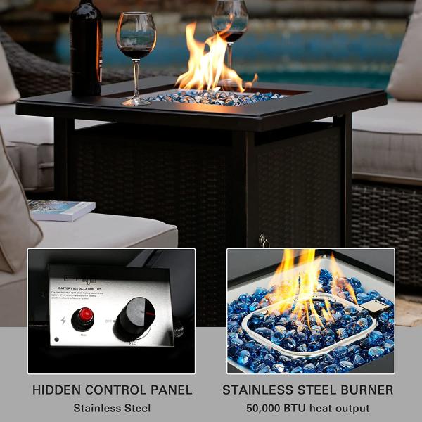 28 Inch Square Natural Gas Fire Pit With Blue Fire Glass For Outside Patio