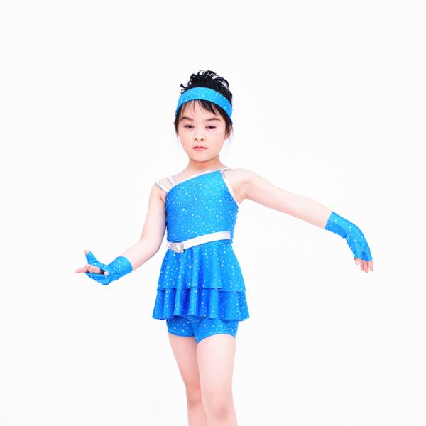 Diagonal Neck Kids Dance Costumes Pink Blue Red Confetti Spandex Outfits