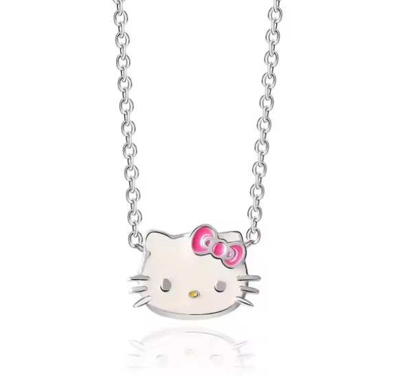 Émail rose blanc Hello Kitty Pendentif en argent sterling Plaqué au rhodium