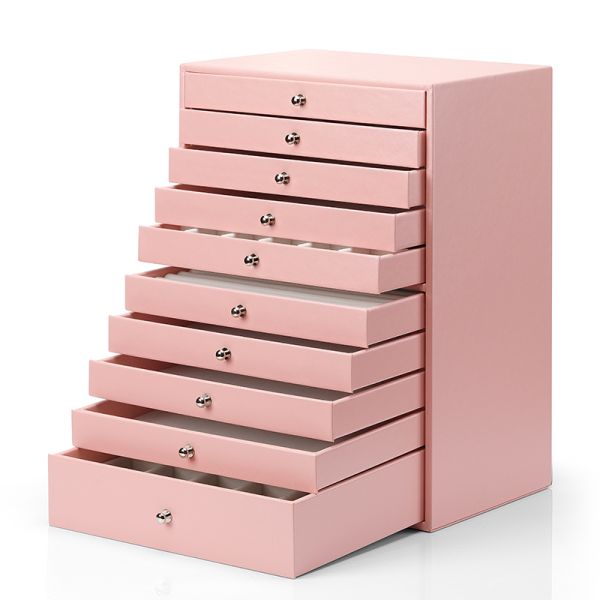 Custom PU Leather Jewelry Organizer Large 10 Layer Jewellery Storage Tray With Drawer