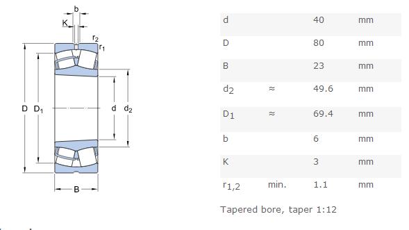 Tapered Spherical Roller Bearing 22208E 22208EK Steel Brass Nylon Cage