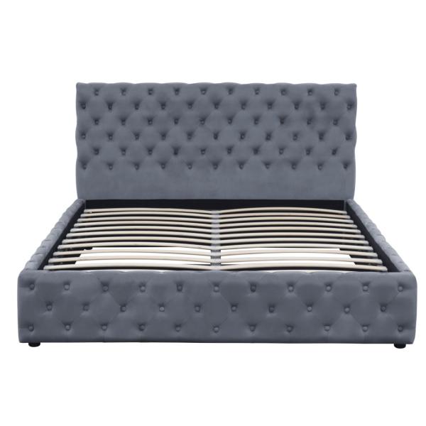 Light Grey Velvet Gas Lift Storage Bed King Size Upholstered Tufted Bottons