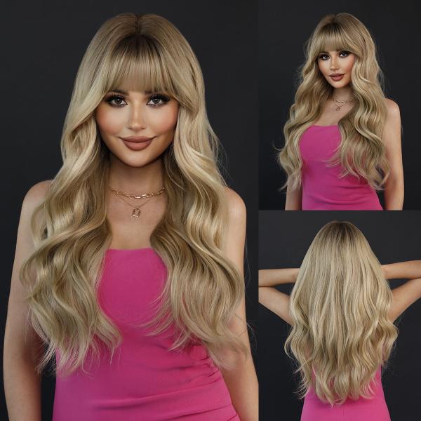 Fashion Long Body Wave Dark Root Hair Blonde Synthetic Wigs For Women