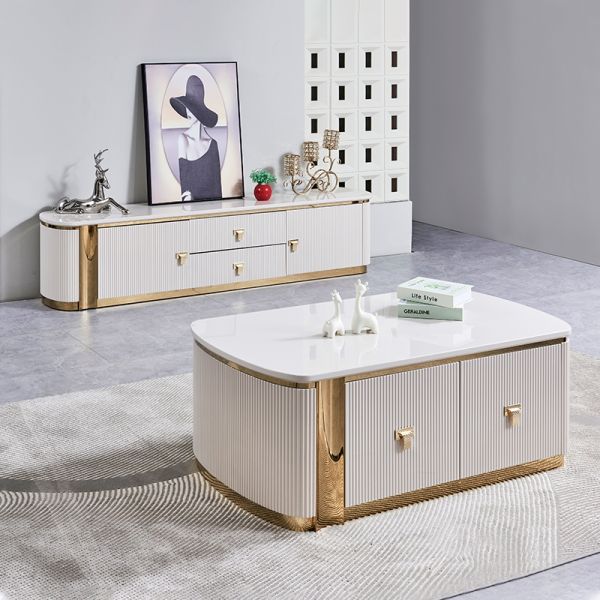 Modern Luxury Wooden TV Stand and Coffee Table Set Furniture Large Storage Home White Center Wood Living Room Coffee Table